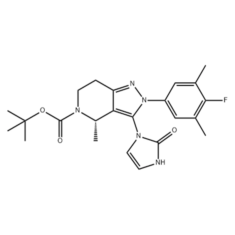terc-butil (S)-2-(4-fluor-3,5-dimetil-fenil)-4-metil-3-(2-oxo-2,3-dihidro-1 H-imidazol-1-il)-2,4,6,7-tetrahidro-5H-pirazolo[4,3-c]piridin-5-karboxilát